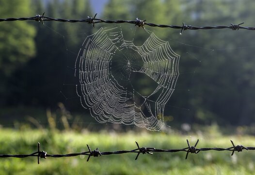 Spider's web on barbed wire fence, Wei&szlig;priach, Salzburg, Austria