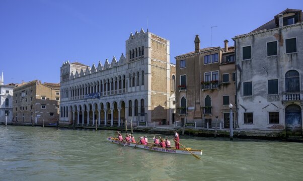 Natural History Museum and rowing boat with woman of the Bucintoro Rowing Society 1882, Venice, Province of Venice, Italy