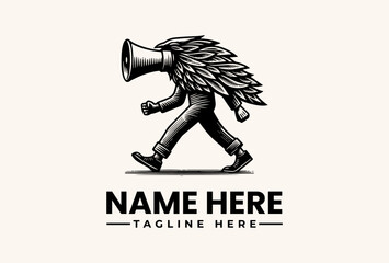 Fototapeta premium Black and white illustration of a winged figure holding a megaphone, walking forward with a bold logo design and customizable text on a clean background.