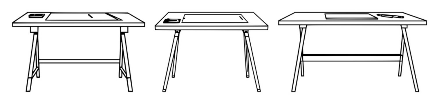 Architectural drafting table set with clean black line art on white background featuring drafting, design, geometry with studio and workspace