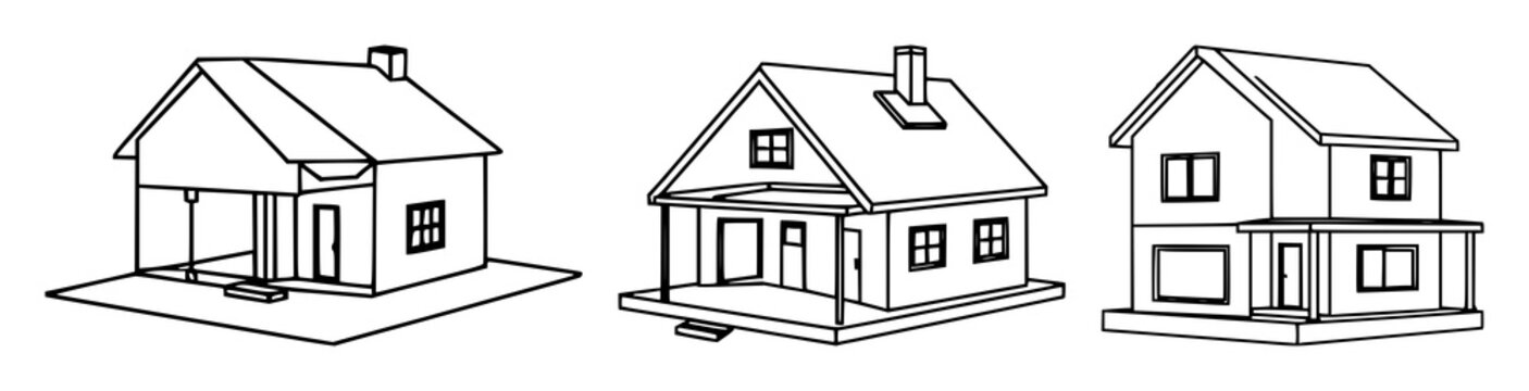 3D-printed house model icon set with geometric shapes and consistent stroke width featuring construction, architecture, technology with innovation and development