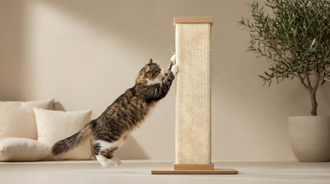 Cat stretching and scratching a scratching post in a modern living room  