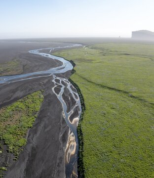 Aerial view, river and green landscape, alluvial plain, Su&eth;urland, Iceland