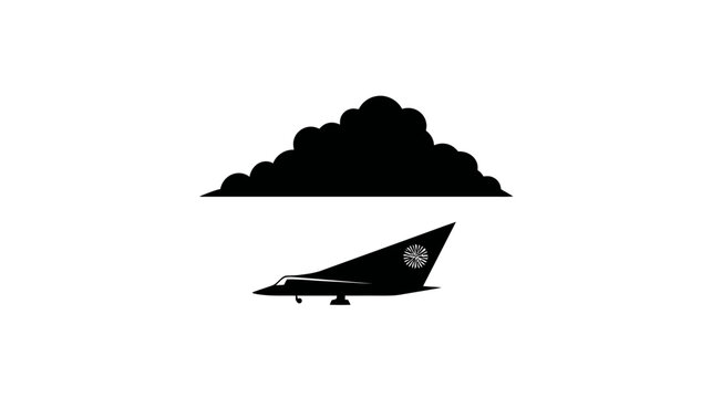 A silhouette illustration of a jet aircraft below a cloud, both in black and white