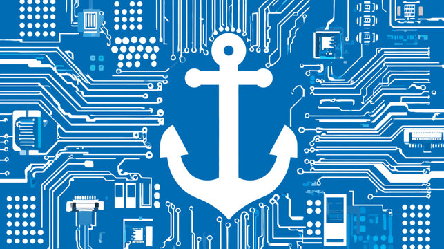 A white anchor superimposed on a blue circuit board design with electrical pathways