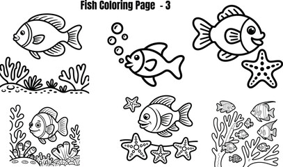 Obraz premium Black and white fish sea creatures coloring page starfish