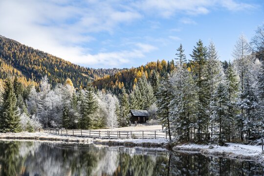 Lake Prebersee in autumn, Lungau, Land Salzburg, Salzburg, Austria