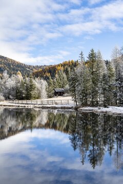 Prebersee in autumn with reflection, Lungau, Land Salzburg, Salzburg, Austria