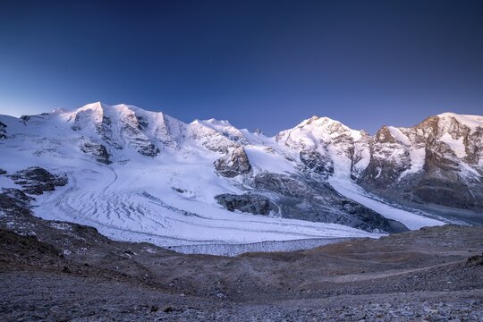 Mountain panorama on the Diavolezza, view of the Bernina Group, Piz Pal&uuml;, Bellavista, Piz Bernina, Pers Glacier, Morteratsch Glacier, Engadine, Switzerland