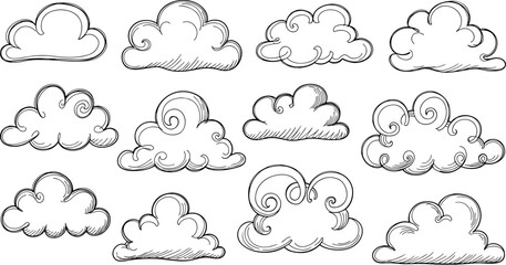 A collection of hand-drawn cloud illustrations on transparent background