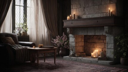 Fototapeta premium Cozy living room with a stone fireplace. the fireplace is made of stone and has a wooden mantel with several lit candles on it.