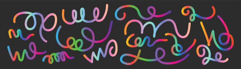 Obraz premium Abstract Color Lines Set. 3D Wave Shape Lines with Gradient. Vector Swirl Rainbow Ribbon Pattern. Doodle Color Organic Shaped Wavy Vector Elements.