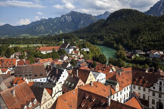View from the Hohes Schloss on the old town of F&uuml;ssen, in the back Franciscan Monastery, Ostallg&auml;u, Allg&auml;u, Bavaria, Germany