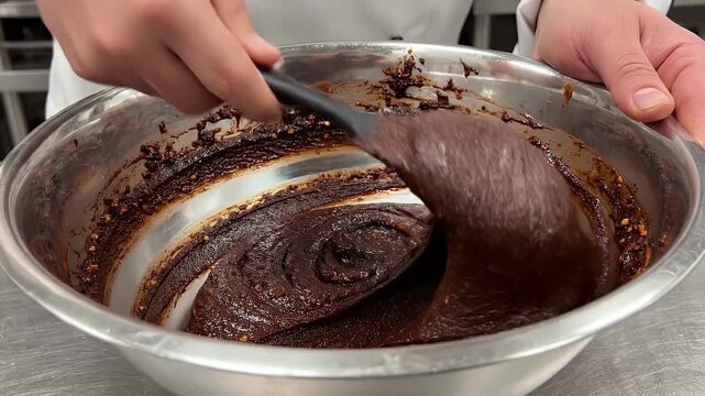 Close Up of Chef Hands Mixing Dark Chocolate Paste with Spices in Stainless Steel Bowl Preparing Dessert Ingredient Macro Shot of Culinary Process Food Preparation in Professional Kitchen