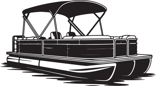 Black pontoon boat silhouette floating on water, spacious vessel for recreation and travel on lakes vector art