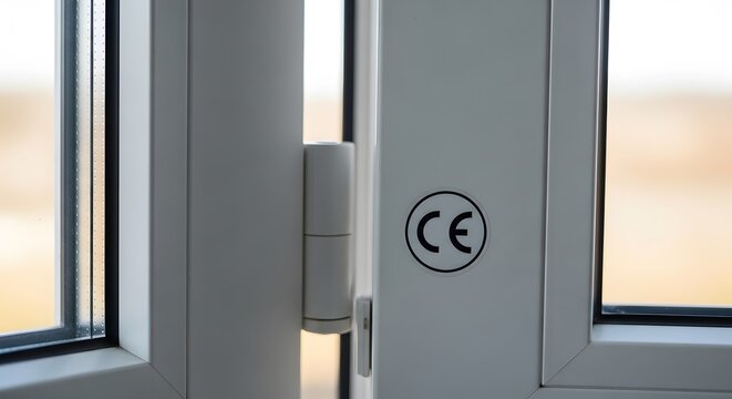 Close-up of a modern white uPVC window frame featuring a CE marking, representing European safety standards and quality compliance in construction