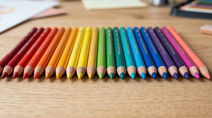 Fototapeta premium Row of Colorful Pencils on Wooden Surface