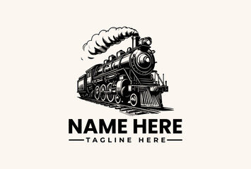 A black and white vector illustration of a vintage steam locomotive with a blank name and tagline on a clean background, featuring a logo and pictogram design. © vectorvovdesign