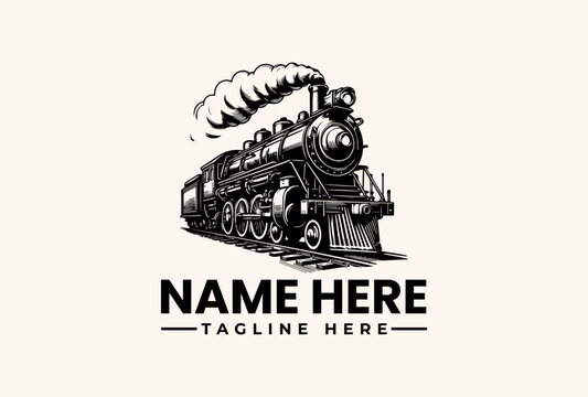 A black and white vector illustration of a vintage steam locomotive with a blank name and tagline on a clean background, featuring a logo and pictogram design.