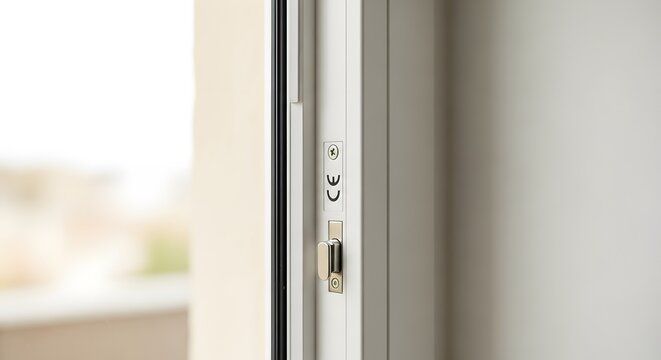Macro shot of a white uPVC window frame featuring a CE certification logo, representing energy efficiency and building regulation compliance
