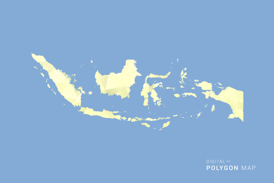 Indonesia Map in low poly polygon vector style, geometric shape illustration with soft yellow tones on blue background, clean silhouette for infographic.