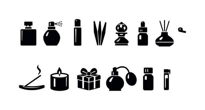 Collection of fragrance and aromatherapy icons including perfume bottles, incense, and candles