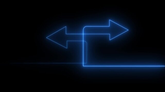 Glowing neon mask double arrow animation .neon double arrow animation. Flashing arrow shape symbol with glowing neon light running around the arrow symbol on a black background.4k video