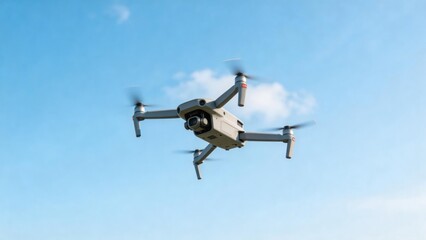 Fototapeta premium Drone flying in blue sky with camera for aerial photography and surveillance, idea for modern technology, aerial filming, mapping inspection and remote flight concept