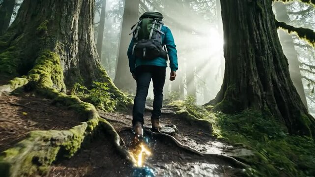 Backpacker hiking through lush ancient forest illuminated by glowing digital path technology