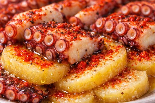 Pulpo a la Gallega mit Kartoffeln und Paprika Nahaufnahme querformat
Detailreiche Nahaufnahme von Pulpo a la Gallega mit Kartoffeln, Oliven&ouml;l und Paprika.