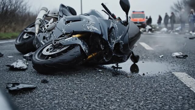 A wrecked motorcycle and damaged car lie on an asphalt road after a collision. Emergency lights flash in the background as bystanders look on. Useful for news, safety campaigns, or legal content.