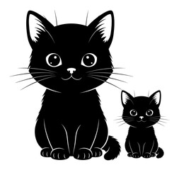 Fototapeta premium Two adorable black cartoon cats, a large one and a small kitten, sitting together with friendly expressions on a white background.