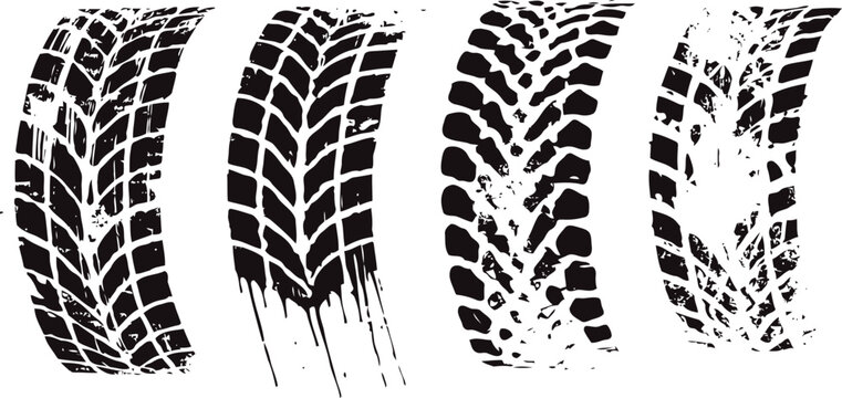 Tire tread patterns in black and white, different vehicle tire marks and skid impressions