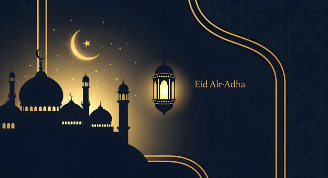 Eid al Adha Mubarak greeting background with mosque lantern and crescent moon