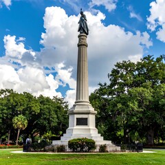 Obraz premium A tall stone column with a statue, surrounded by trees, green grass and gardens, under a sunny sky