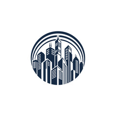 Fototapeta premium Abstract City Buildings Skyline within a Dark Blue Circular Logo on Isolated White Background