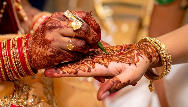 A woman applies intricate henna designs on another woman's hand during a traditional Indian wedding ceremony indoors.