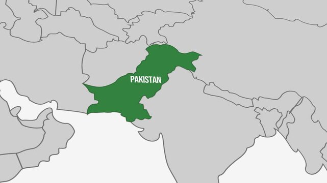 Grayscale map of Pakistan in South Asia with neighboring countries for educational use, 4k animation