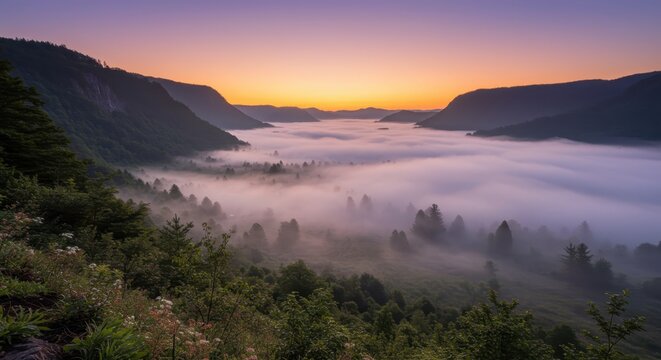 Serene mountain valley fills with low hanging fog during colorful twilight