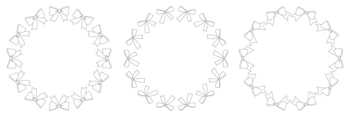 Set of circle frames with outline bows. Design elements for greeting card, invitation, poster, banner, gift certificate.