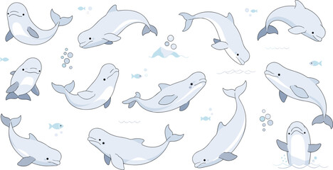 Fototapeta premium Beluga Whale Marine Animal Illustration Set Featuring Swimming, Diving, and Playing Poses of Cute Arctic Ocean Mammals in Underwater Scene.
