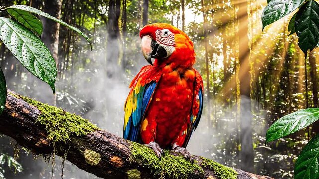 Vibrant macaw perches on mossy branch in rainforest during rainstorm
