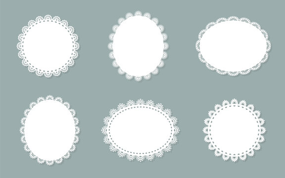Set of white round and oval lace doilies. Paper cutout design. Vintage oval and circle frame collection.