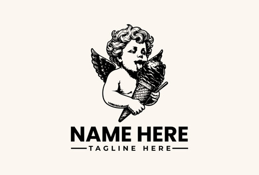 A black and white illustration of a cherub holding a quill pen with wings spread, accompanied by a customizable 'NAME HERE' and 'TAGLINE HERE' text on a beige background, showcasing a logo