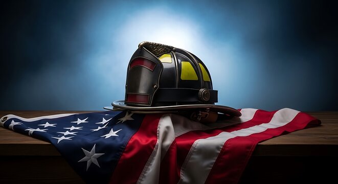 A firefighter's helmet rests atop the folded American flag on a wooden surface, with atmospheric lighting