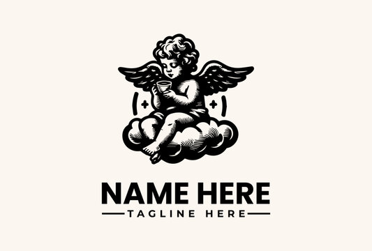 A black and white illustration of a cherub sitting on a cloud with wings spread, holding a heart, with a placeholder text for a logo name and tagline in a classic, elegant style.