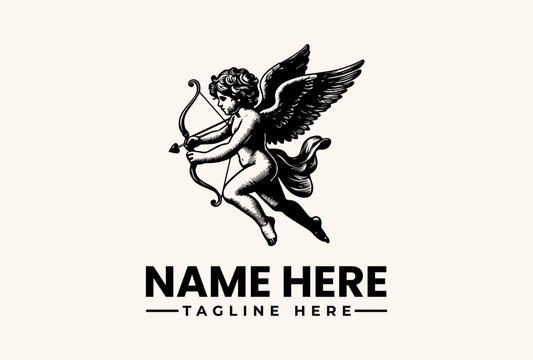 A black and white vector illustration of a winged cherub holding a bow and arrow, with a placeholder text for 'NAME HERE' and 'TAGLINE HERE' on a beige background, featuring a logo and icon