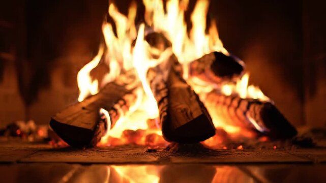 A warm fire burns brightly in a fireplace with logs