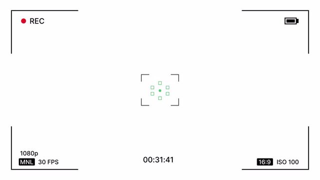 Camera focus overlay with minimal HUD, rec indicator, battery icon, autofocus, status on white background. Recording viewfinder modern display for cinematic. camcorder screen focus frame. 4K Video