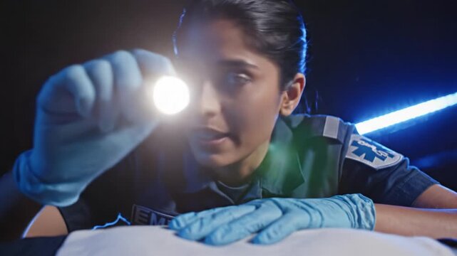 A female paramedic shines a flashlight while examining a patient at night. Intense emergency scene after a motorcycle accident with blue lights. Ideal for medical or rescue documentaries.